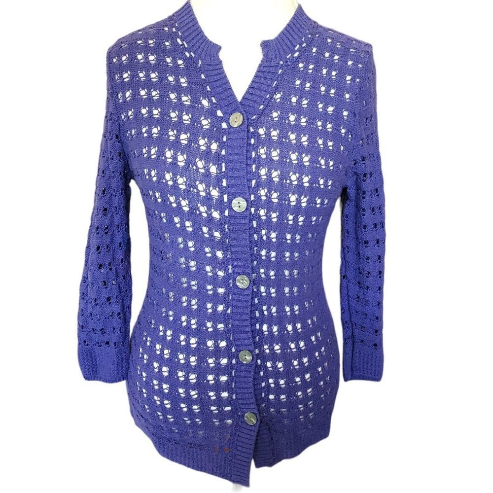 Coldwater Creek Purple Cardigan Sweater Open Knit Small Medium Cotton Blend‎